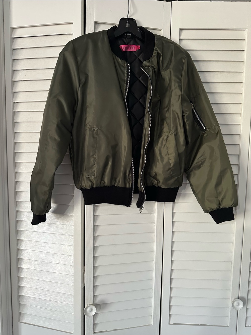 Boohoo Military Green Bomber Jacket with Black Ribbing